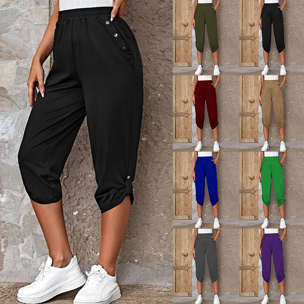 Womens Capri Chino Yoga Crop Joggers Trousers Casual Jogging Bottoms Cargo Pants