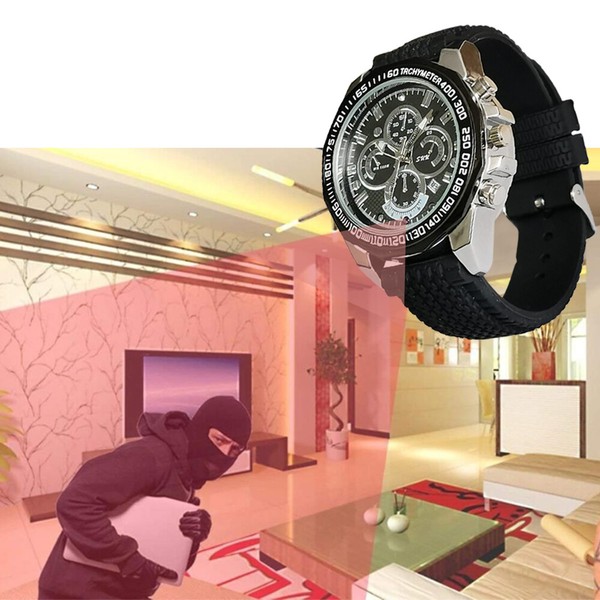 Burglar in home overlay with designer wristwatch advertisement.