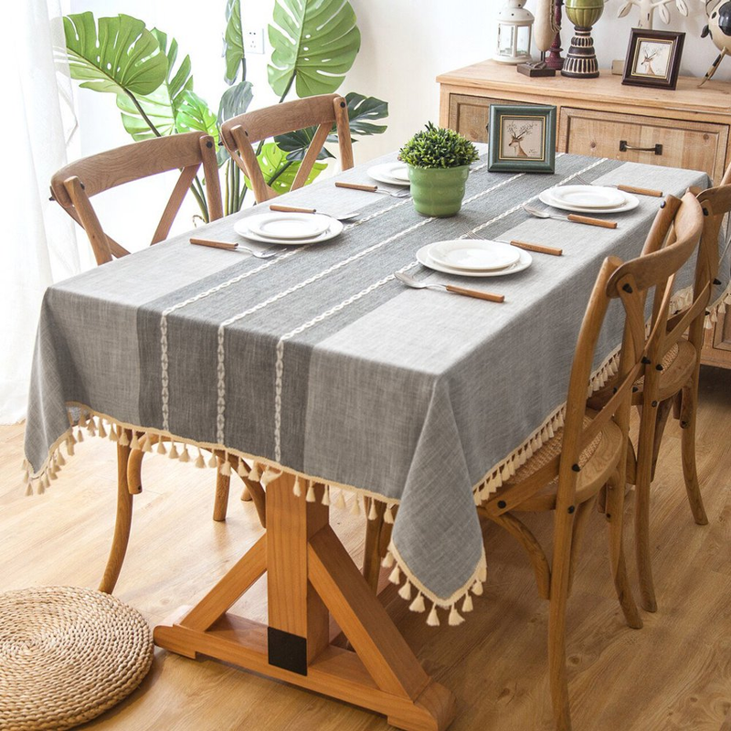 Grey Table Cloth Tassel Linen Tablecloth, Table Cover for Kitchen Dining, Party,