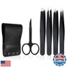 Tweezers Set 5-Piece - Professional Stainless Steel Tweezers with Curved Scissors, Best Precision Tweezer for Eyebrows, Splinter and Ingrown Hair Removal with Leather Travel Case (Black)