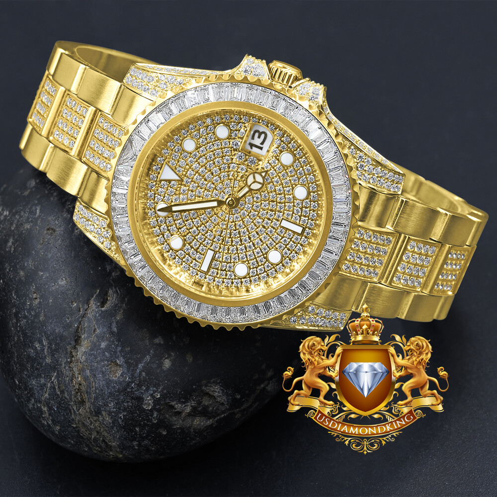 Pre-owned Usdiamondking Baguette Solid Steel 18k Yellow Gold Simulated Diamond Mens Watch 40mm W/date
