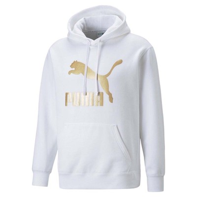 

Puma Classics Metallic Logo Pullover Hoodie Мужская белая повседневная верхняя одежда 53703502, Белый