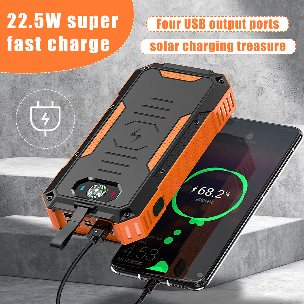 Solar Power Bank Portable Wireless Fast Charger 30000mAh External Battery Type C