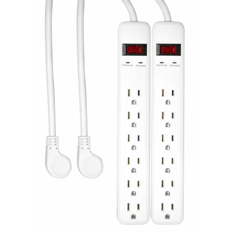 6 Outlet Power Strip Surge Protector 3 ft Cord 2 Pack Flat Plug White 735 Joules