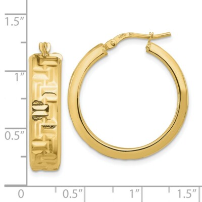 Pre-owned Superdealsforeverything Real 14kt Yellow Gold Polished Textured Aztec Pattern Hoop Earrings