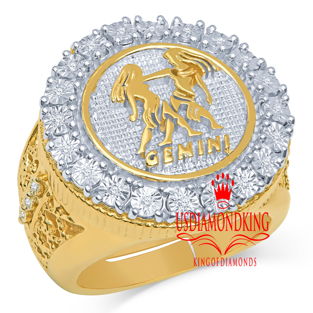 Pre-owned Us Diamond King Men's Real Genuine Natural Diamond Zodiac Sign Astrology 10k Gold Over Band Ring In White