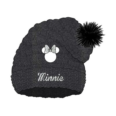 Warme Minnie Mouse Strickmütze mit Bommel / Pompons, Bommelmütze, grau mit Schri