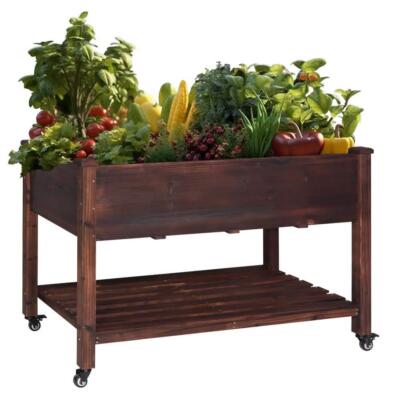VEIKOUS Wooden Raised Garden Bed 47''x23''x33'' 2-Tier W/ Lockable Wheels+Liner
