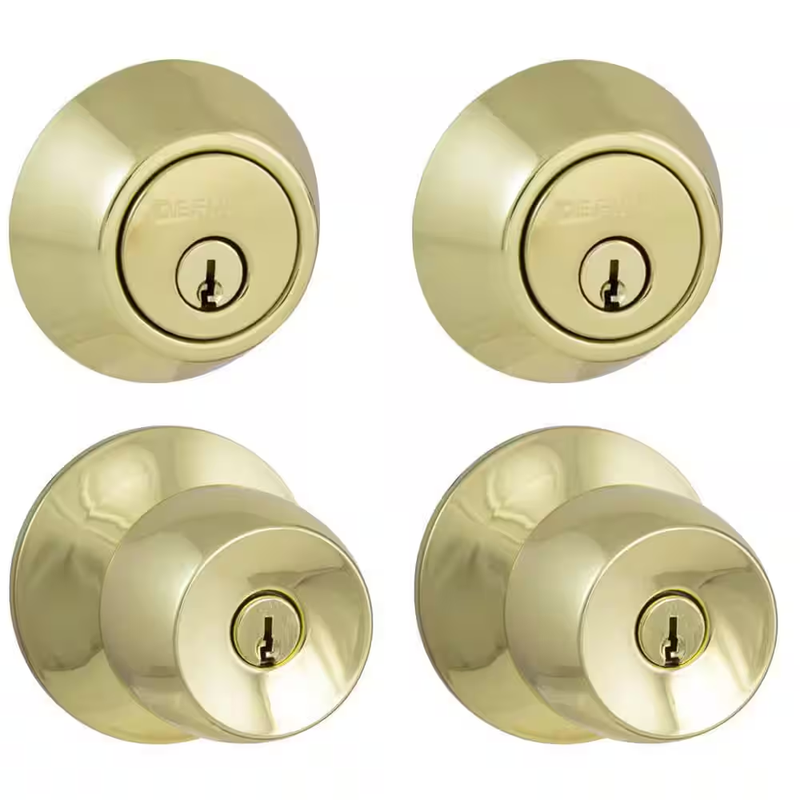 Defiant Door Lock Knob Deadbolt Keyed Entry Lockset Polished Brass 2 Pack Keys