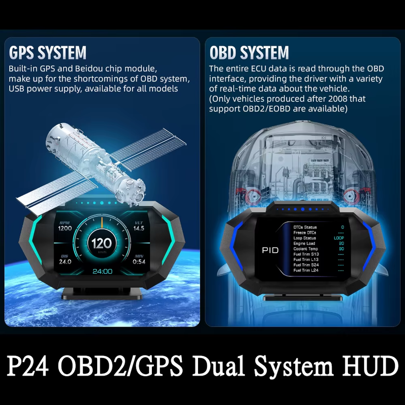 P24 OBD + GPS Dual System Car HUD Head-up Display Speed Meter Water Temp Fuel C