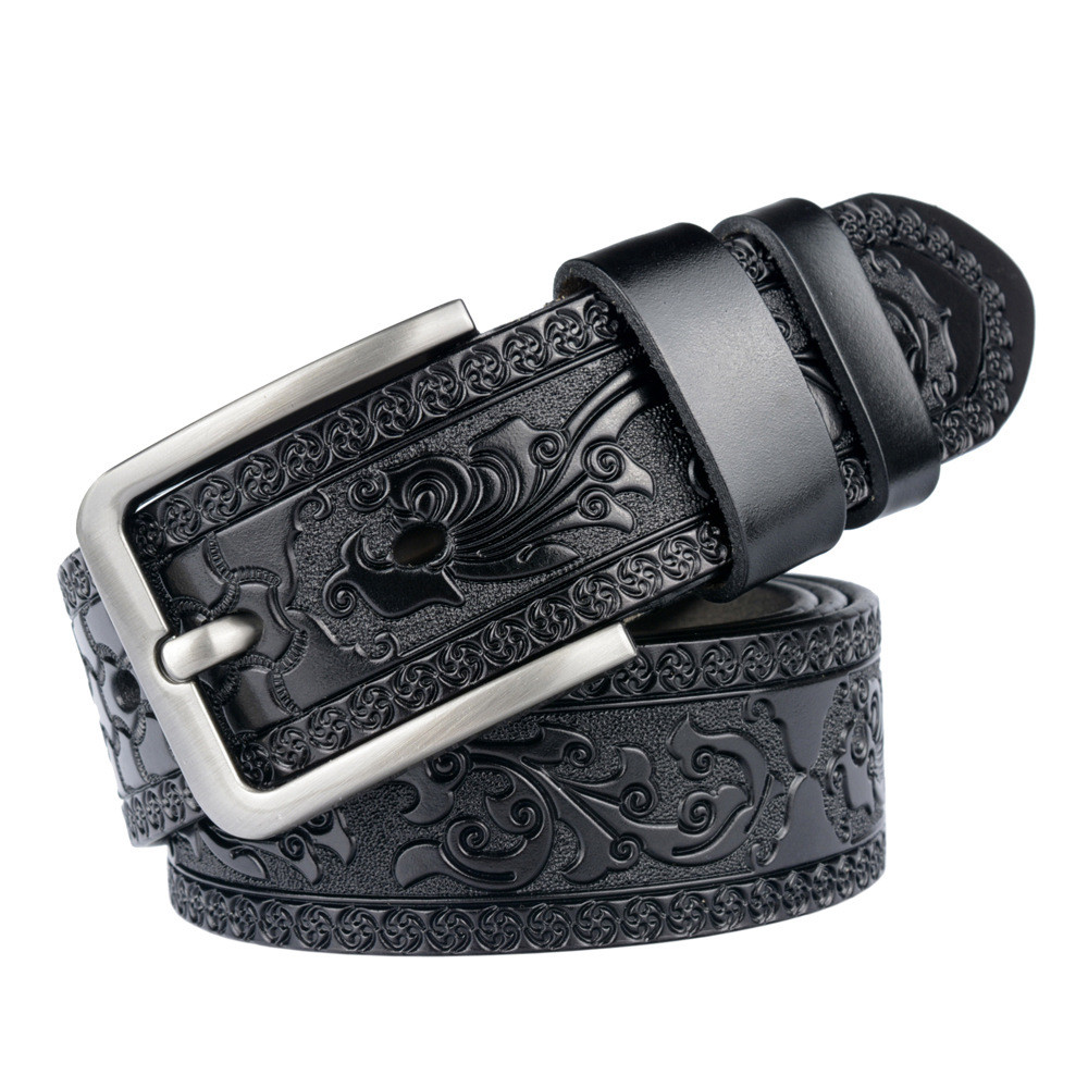 Mens Genuine Leather Embossed Belt Vintage Pattern Pin Buckle Waistband