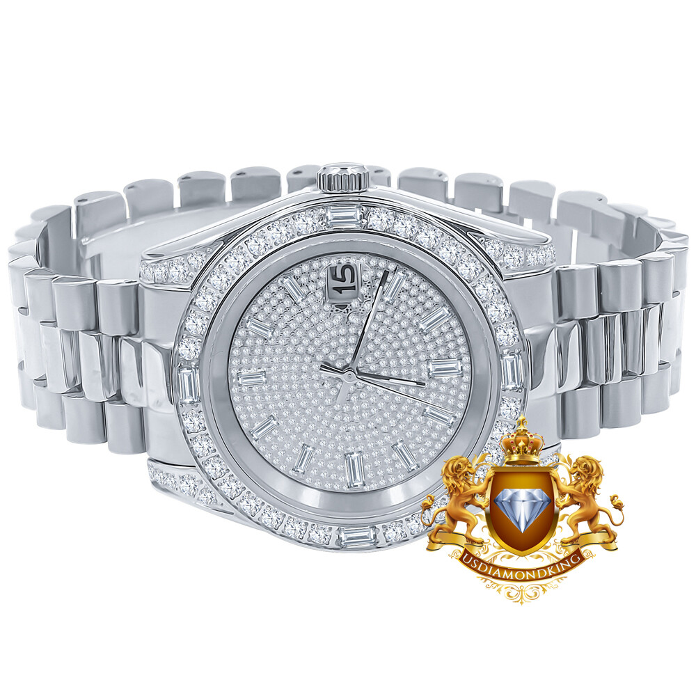 Pre-owned Bling Master Solid Steel 18k White Gold Tone Baguette Simulated Diamond President Watch 40mm