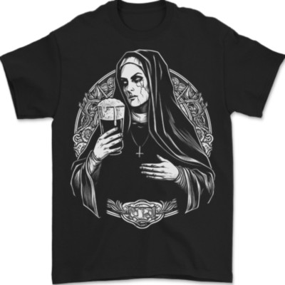 Evil Nun Drinking Beer Horror Halloween Mens T-Shirt 100% Cotton