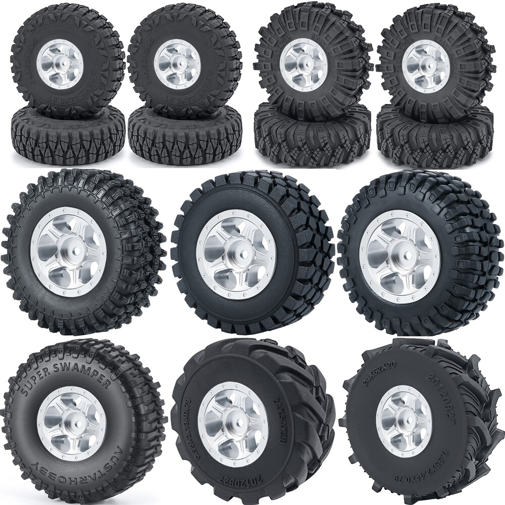 1.0" Silver Beadlock Wheel Rims Hub & Tires for 1/24 Crawler
