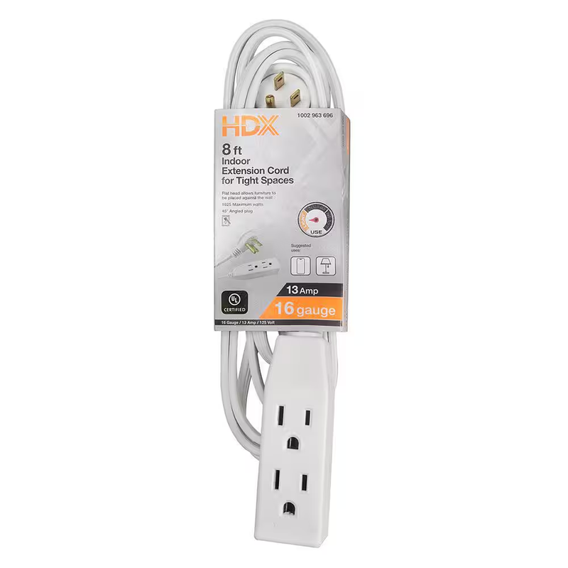HDX Extension Cord 8 Ft Indoor 3 Outlet Flat Plug 16/3 13 Amp 125V 1625W White
