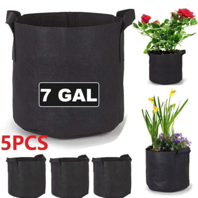 5 Pack 7 Gallon Fabric Grow Pots Round Aeration Plant Pot Grow Bag Black Garden