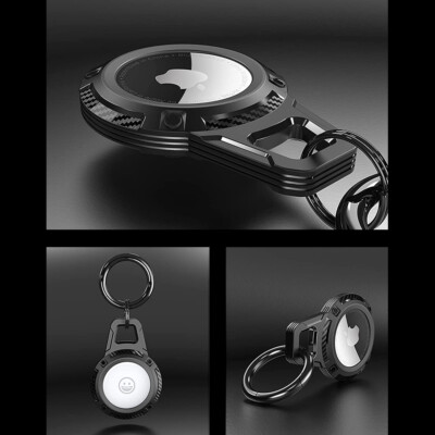 For Apple AirTag Case, Rugged Shockproof Keychain Ring Protective Cover - Black