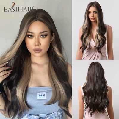 Long Blonde Ombre Synthetic Wigs Middle Part Wavy Cosplay Wigs Heat Resistant