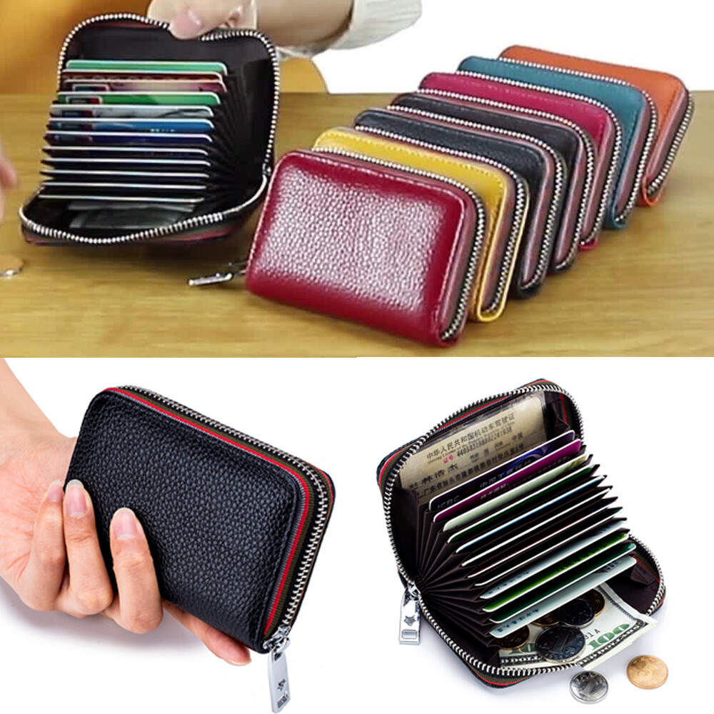 RFID Blocking Women Men Genuine Leather Wallet Credit Card Holder Zipper Pocket