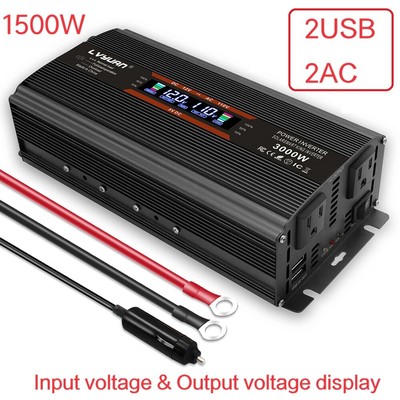1500W Power Inverter DC 12V to AC 120V Converter 2USB 2AC LCD Camping Trip Black