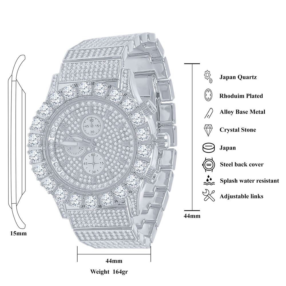 Pre-owned Blingmaster Solid Stainless Steel White Gold Tone Finish Simulated Diamond 48mm Men's Watch