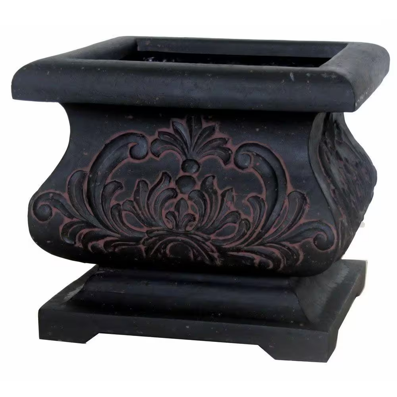 18 In. Square Aged Charcoal Cast Stone Fiberglass Bombe Planter