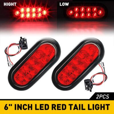 2 Red 6'' Oval Trailer Lights 10 LED Stop Turn Tail Truck Sealed Grommet Plug DOT