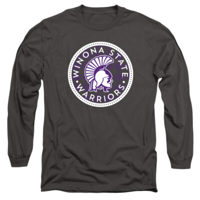 Winona State Adult Long Sleeve T-Shirt Plaid Badge, Charcoal, S-3XL