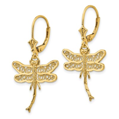 Pre-owned Superdealsforeverything Real 14kt Yellow Gold Dragonfly W/filigree Wings Leverback Earrings