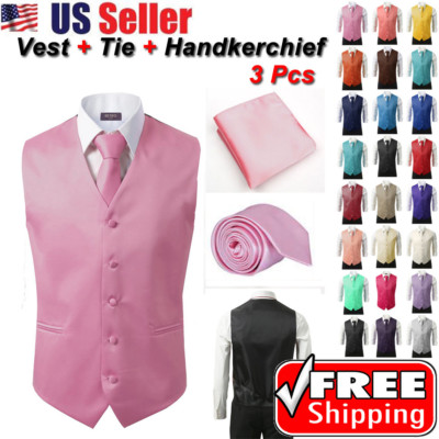 3Pcs SET Men's Formal Vest Slim Tie Hankie Causal Fit Tuxedo Suit Waistcoat Coat
