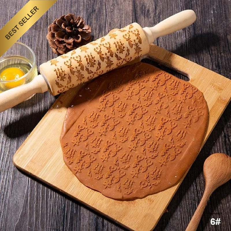 Christmas Embossed Wooden Rolling Pin Engraved Cookie Baking Tool Style 3
