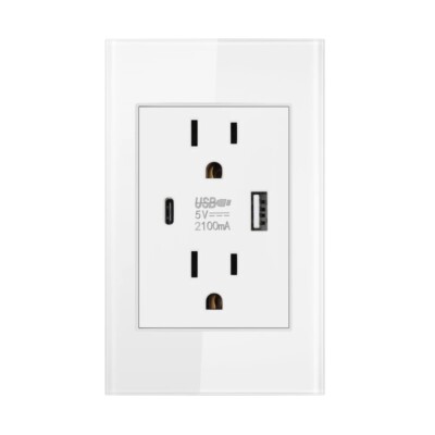 Wall Power Outlet With USB-C Charger Home Receptable Socket White 15A 120V AC