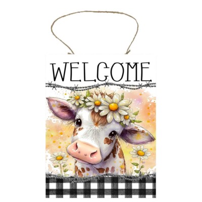 Daisy Cow Welcome Farmhouse Printed Wood Sign, Door Hanger, Wreath Sign