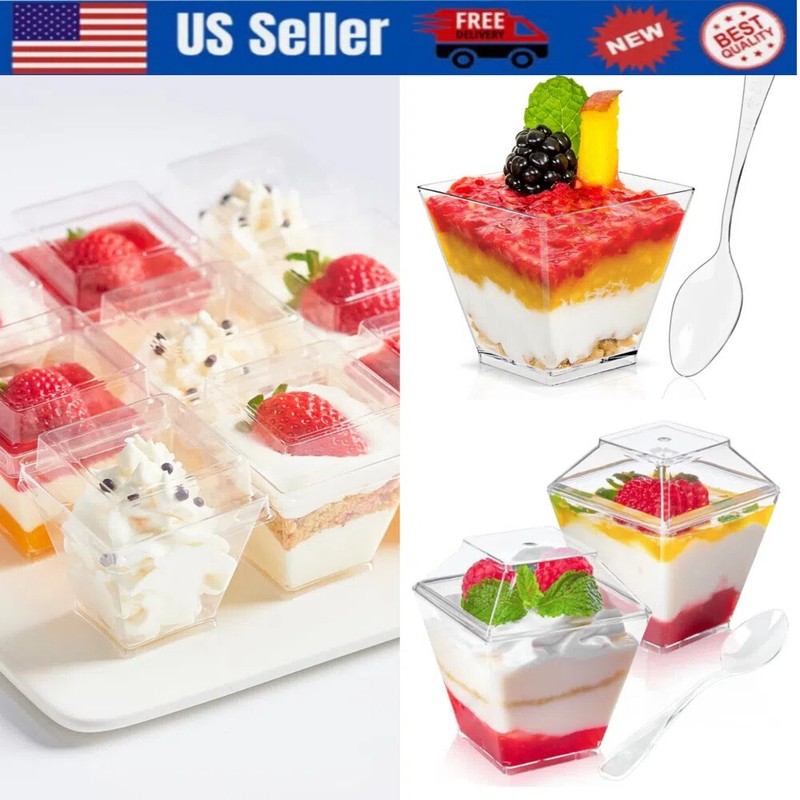 50Pcs Dessert Cups with 50 Spoons and 50 Lids Reusable