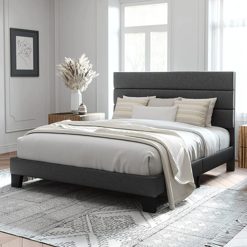 Platform Bed Frame Upholstered Fabric Headboard Queen Metal Heavy Duty Support