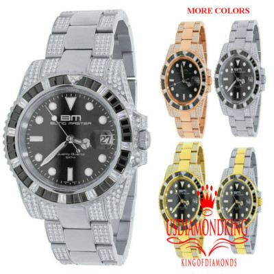 Pre-owned Bling Master Mens Solid Steel 18k White Gold Simulated Diamond 40mm Presidential Watch W/date