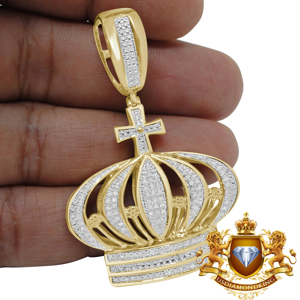 Pre-owned Us Diamond King Real Genuine Diamond Kings Crown Cross Pave Charm Pendent 10k Yellow Gold Finish