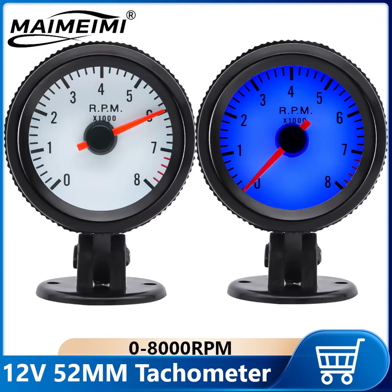 0‑8000RPM Tachometer 52mm Tacho Gauge Blue LED Backlight Universal for 12V Cars