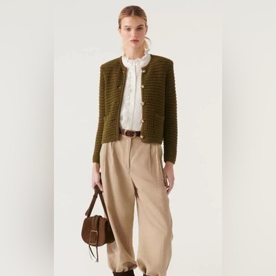 NEW Ba&sh Bash Gaspard Tweed Cardigan Jacket In Kaki Olive Green | size 2  / M