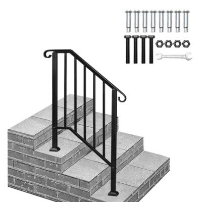 Handrails for Outdoor Steps Matte Black Wrought Iron, Stair Railing for 2-3 Step