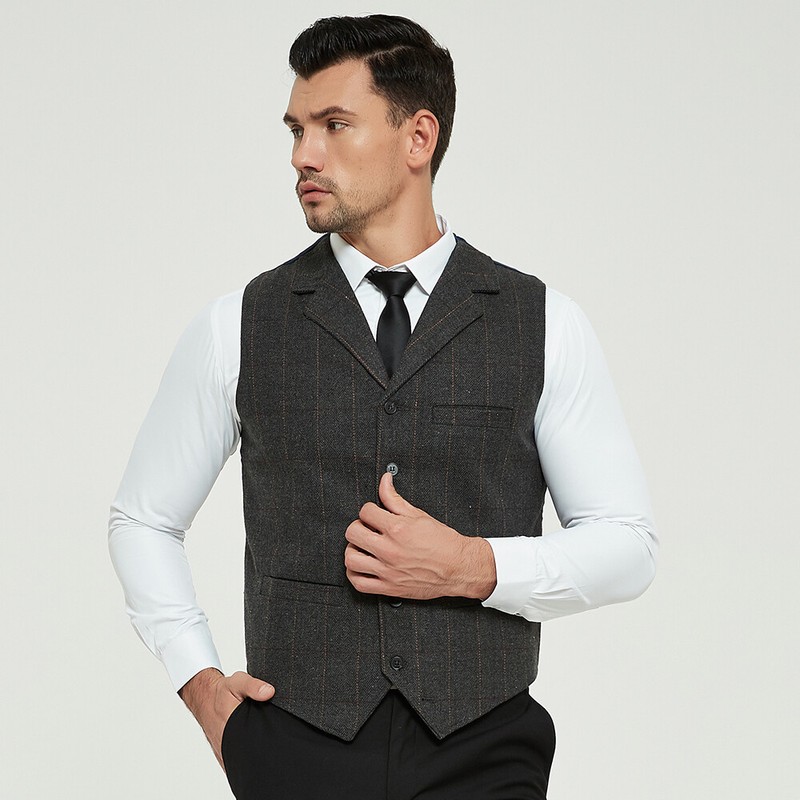 Mens Formal Lapel Collar Sleeveless Vest Retro Herringbone Tweed Slim Dress Suit
