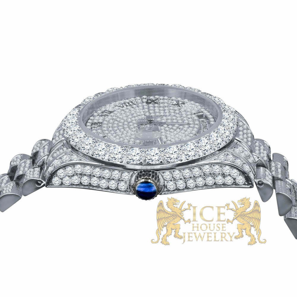 Pre-owned Bling Master Solid Stainless Steel Solitaire Roman Dial 18k White Gold Day & Date Men's 40mm