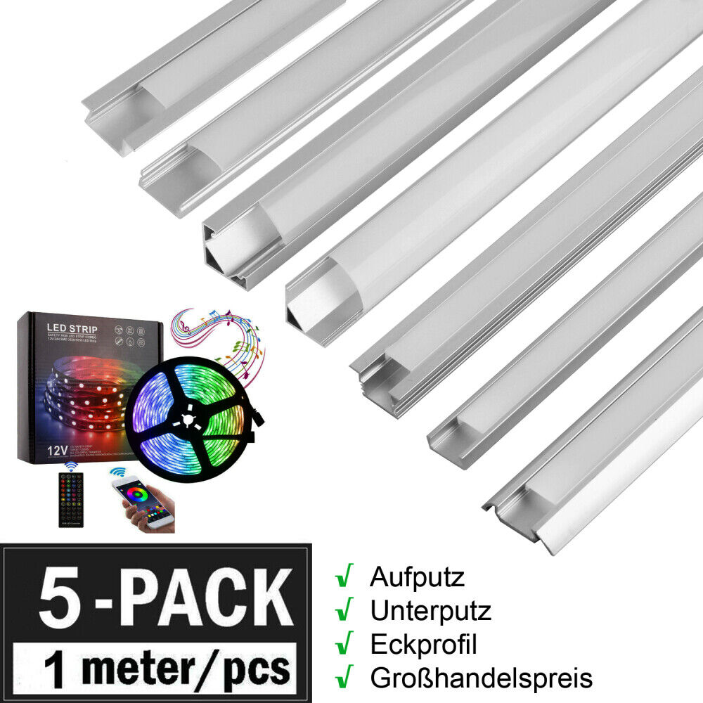 5 Stück 1m/5m LED Profil Aluprofil Schiene LED Stripe RGB Leiste Streifen Band