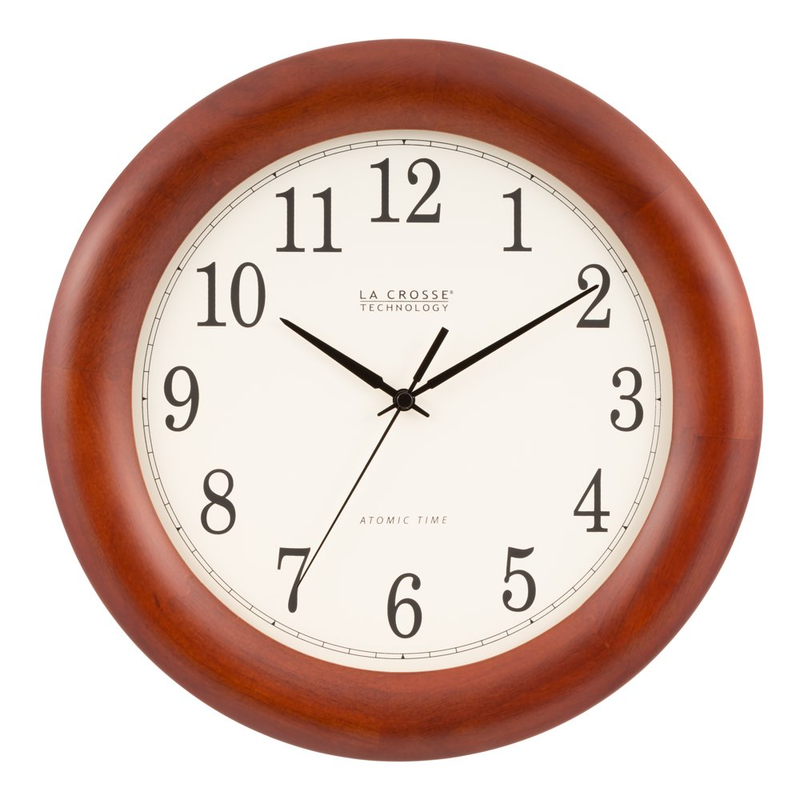 Analog Wall Clock 12.5 Inch Oak Wood Atomic Automatic Time Set Cherry Finish New