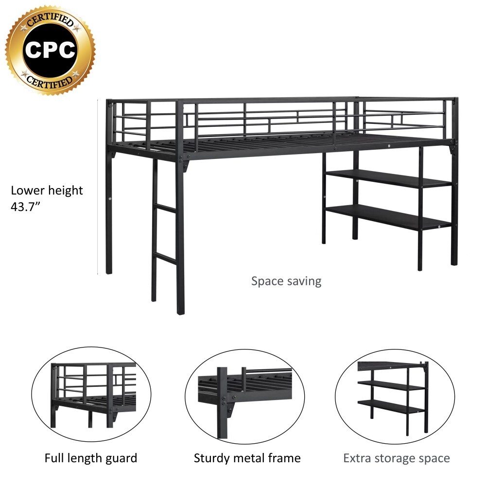 Metal Low Loft Bed w/ 2-Tier Storage Shelves Twin Size Bed Frames Space Saving