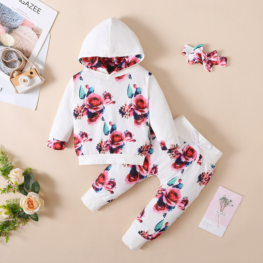 Newborn Baby Girl Floral Hooded Tops Pants Toddler Tracksuit Outfits Clothes Set