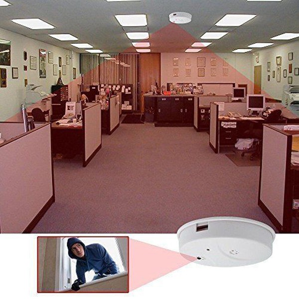 Office space with cubicles and inset security camera view.