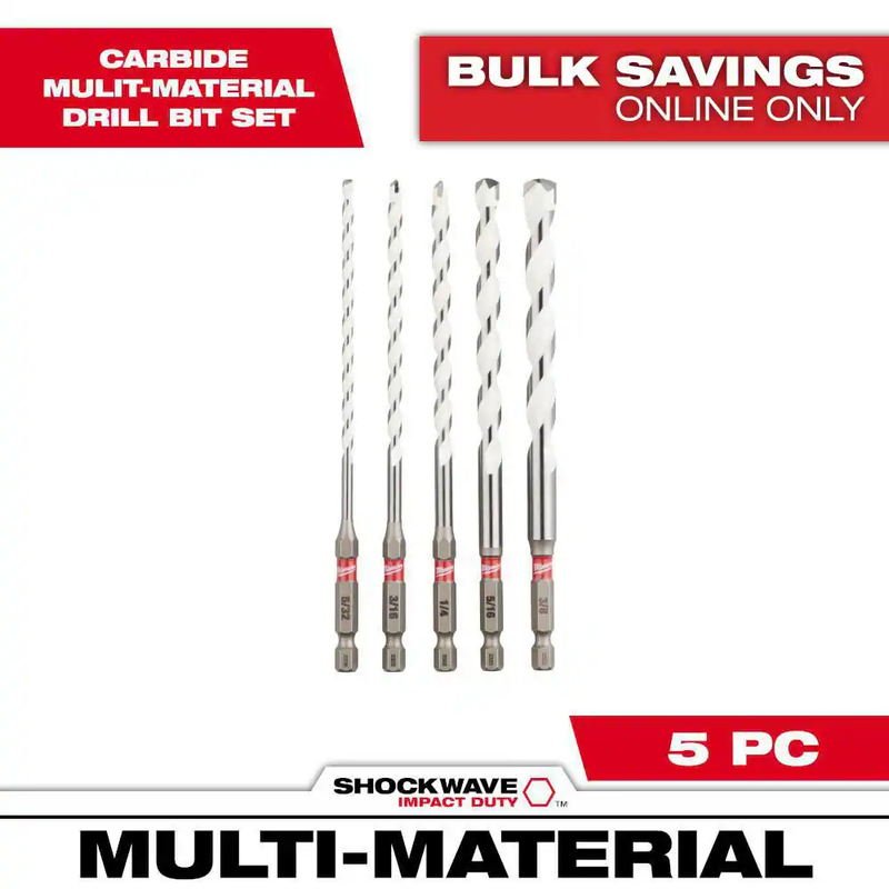 Milwaukee Drill Bit Set 5pc Carbide Multi Material Masonry Impact Hammer