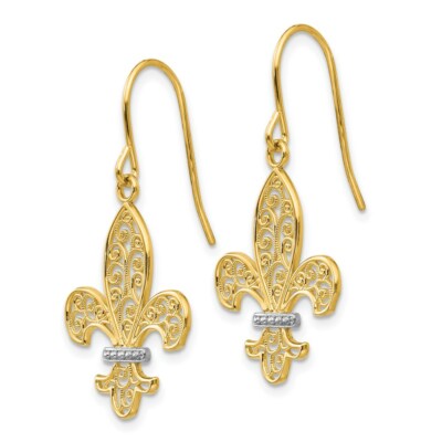 Pre-owned Superdealsforeverything Real 14kt & Rhodium Fleur De Lis Shepherd Hook Earrings In Yellow