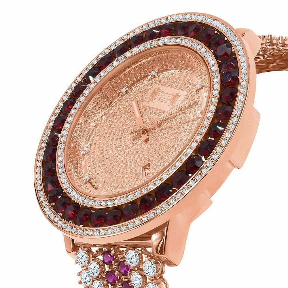 Pre-owned Red Solitaire Xl Big Face Simulate Diamond 18k Rose Gold Tone W/date Watch